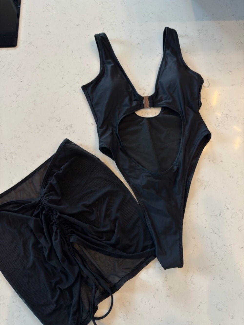 Women's Black Cutout One-Piece Swimsuit with Mesh Cover-Up